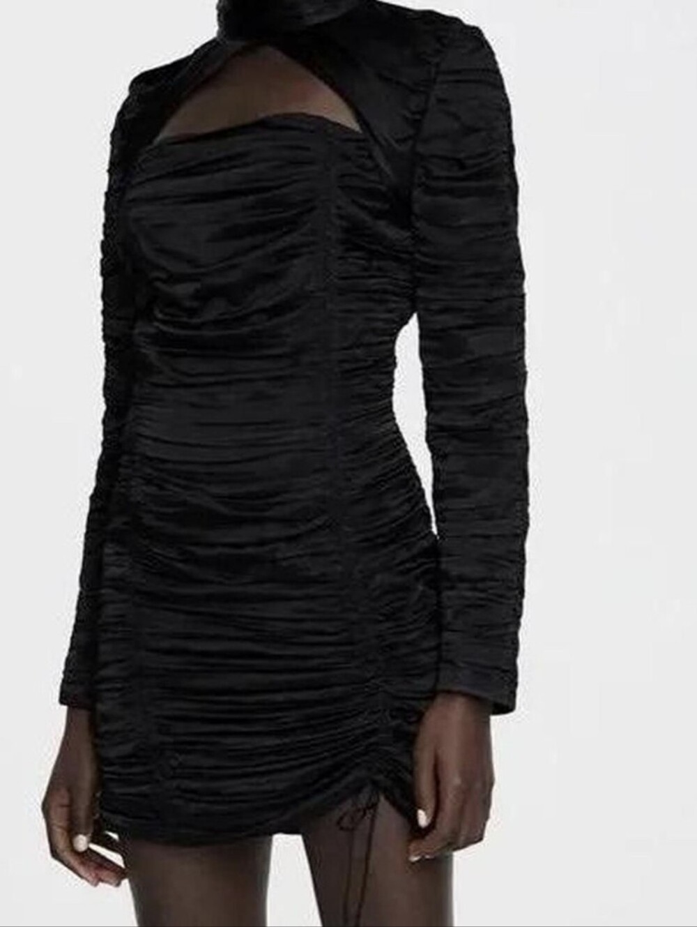 Zara Limited Edition Black Ruched Satin Cut Out Mini Dress Size S